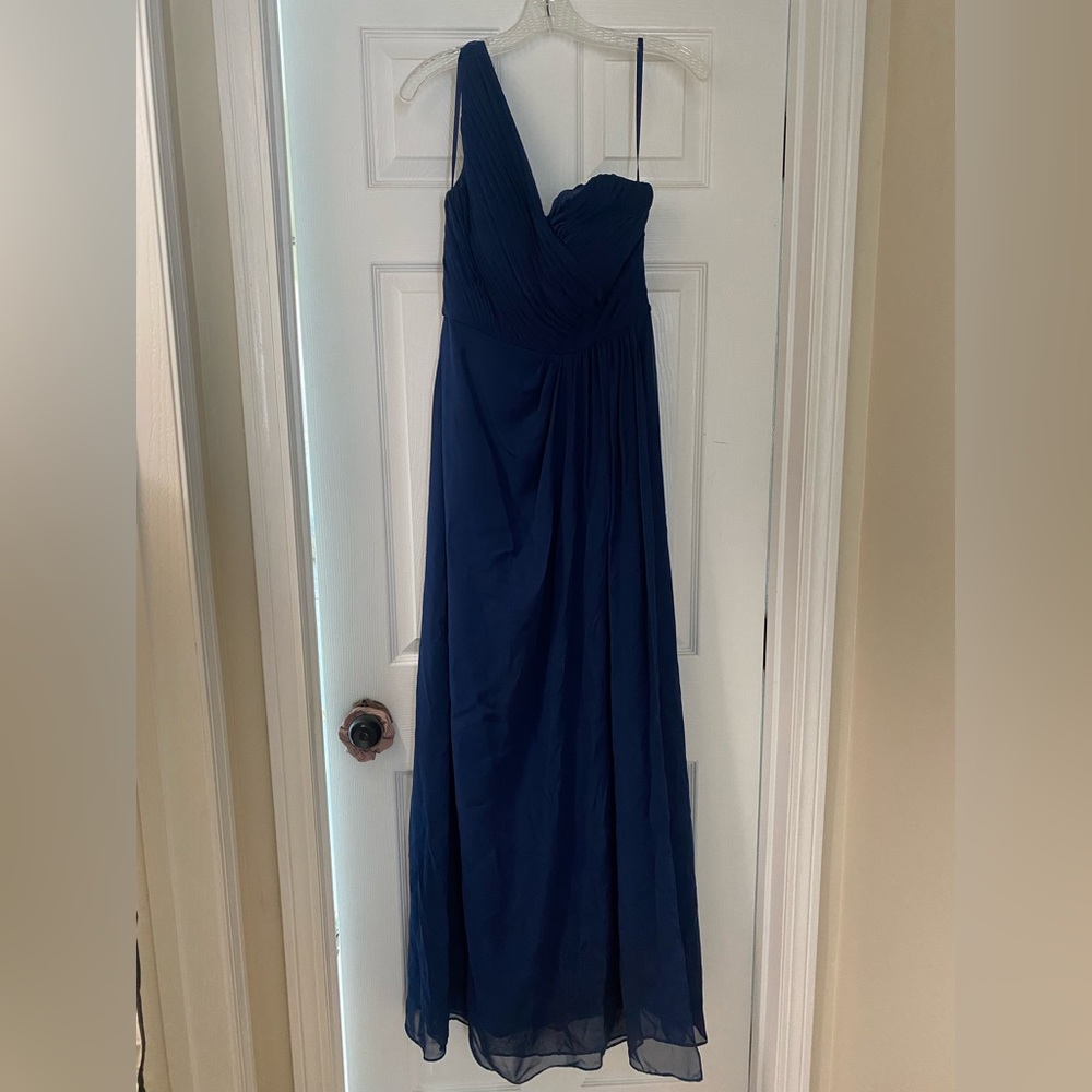 One Shoulder Navy Pleated Bodice Maxi Dress